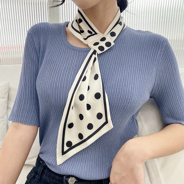 Pañuelo de seda coreano con puntos para mujer, estilo bandana versátil