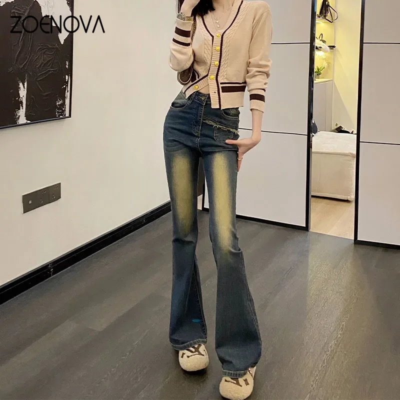 

ZOENOVA Korean Style Autumn New Retro Flare Pants Casual Street Y2K Women's Jeans High Waist Elasticity Slim Fit Denim Trousers