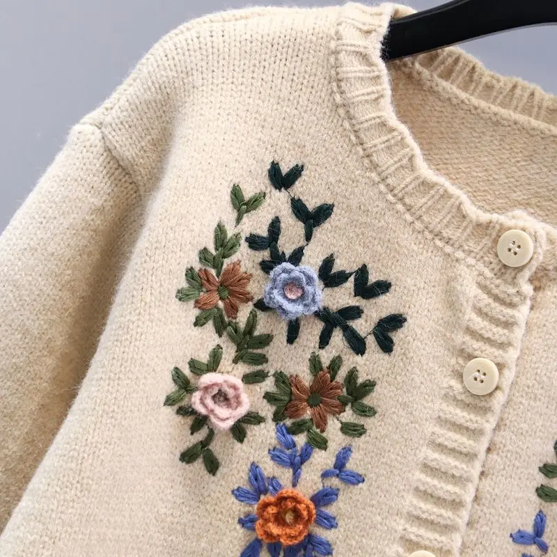 Design Chic Cardigan Knit Coats Single Breasted Flower Embroidery Pockets Sweaters All Match Vintage Autumn Loose Women Clothing