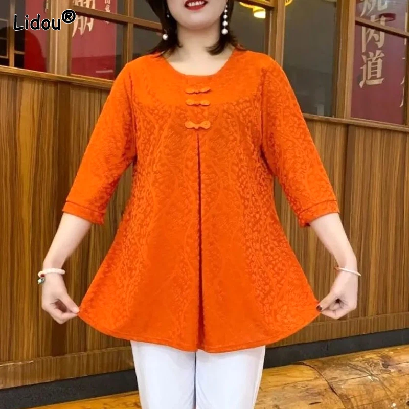 

2023 Women's Clothing Vintage Pullovers Round Neck Button Three Quarter Sleeve Loose Spring Summer Thin Fashion Casual T-Shirts