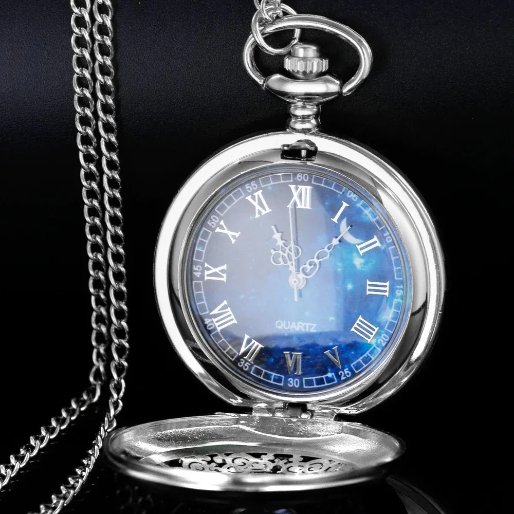 Starry Sky Blue Dial Antique Quartz Pocket Watch Necklace Pendant Souvenir Gift for Women Men with Chain Christmas Birthday Gift
