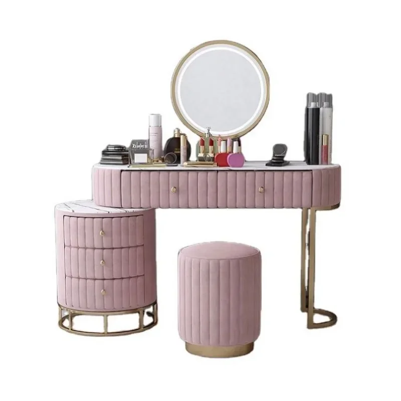 Hot Sale Nordic Luxury Pink Dressing Table Bedroom Furniture Dresser Set With Mirror And Lights