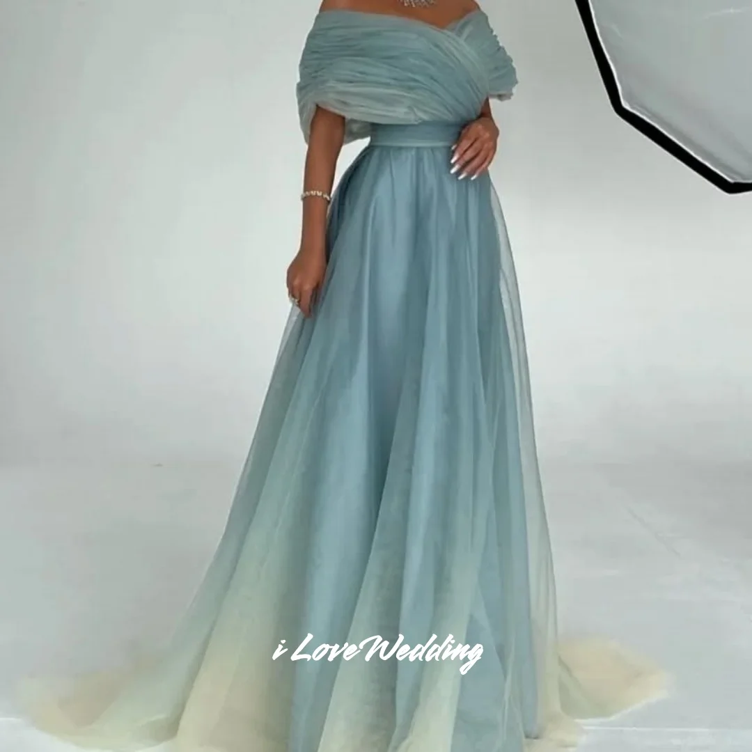 الأزرق الخامس الرقبة فساتين لحضور الحفلات الموسيقية 2025 قبالة الكتف ألف خط الطابق طول عارية الذراعين مطوي فساتين السهرة فساتين الزفاف الضيوف مخصصة #6