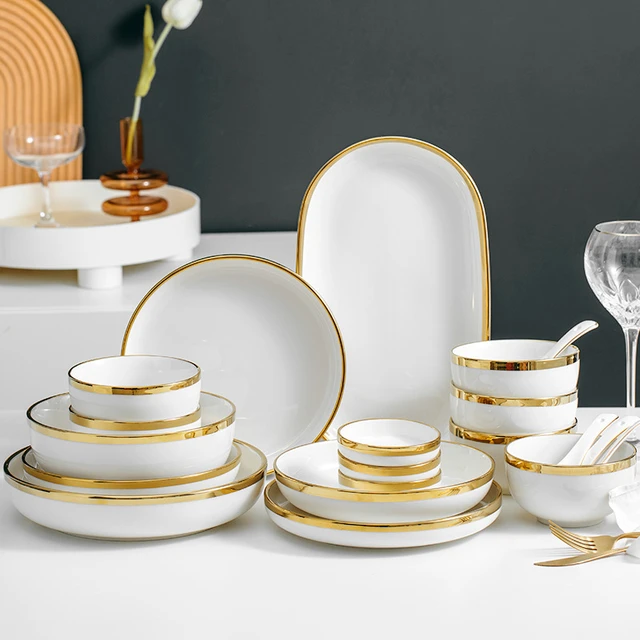 Luxury Golden Border Porcelain Dinner Set White Tableware Plates Golden Border Dinner Plates Aliexpress