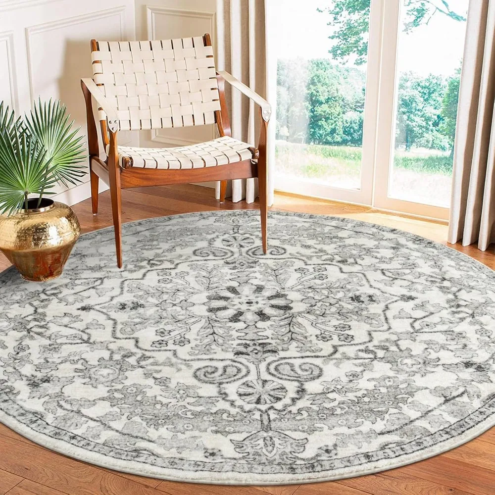 Non‑Slip Distressed Ethnic Motif Circular Floor Mat Traditional Boho Ornament Print for Indoor Household Lounge Space Rug