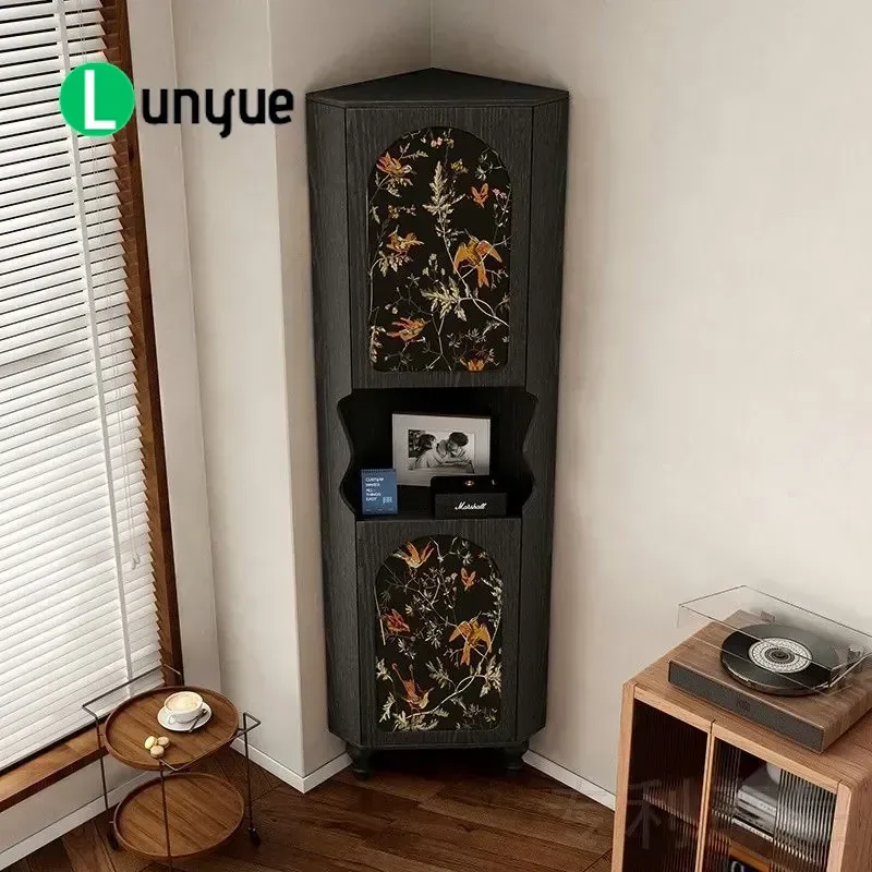 Chinese Style Solid Wood Triangle Corner Cabinet with Bird Picture Living Room Sofa Side Table Storage French Decorative