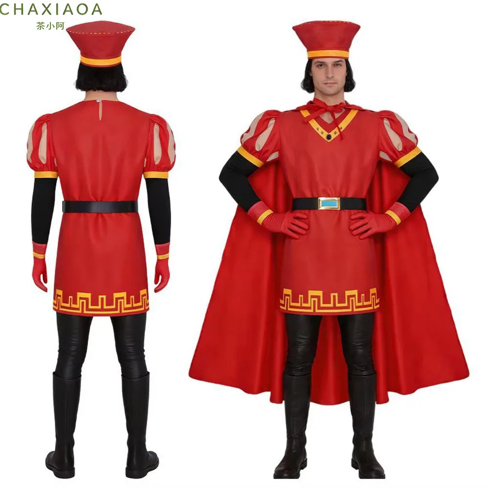 2026 Neues Lord Farquaad Cosplay-Kostüm Komplettset Rote Robe Umhang Hut Handschuhe Gürtel Halloween Karneval Party Bühnen-Fantasiekleid Outfit