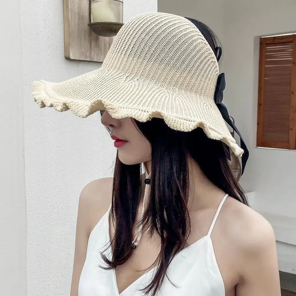 

Summer Straw Hat Shirring Hem Dome Top Hollow Out Breathable Sun Protection Anti-UV Decorative Vacation Beach Outdoor Cap