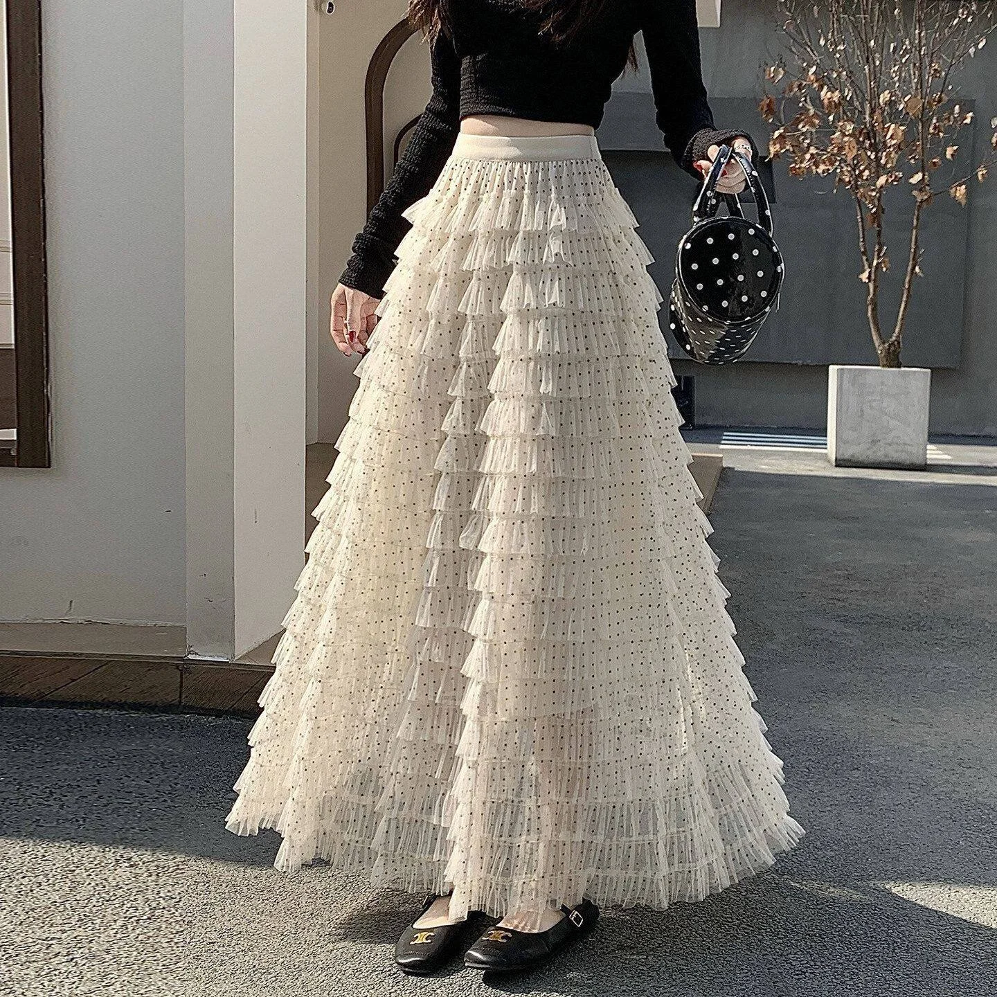 

High Waist Mesh Cake Skirt Women's Autumn Winter Slimming Half Body Fairy Skirt Small Size Casual Style Polyester Fabric