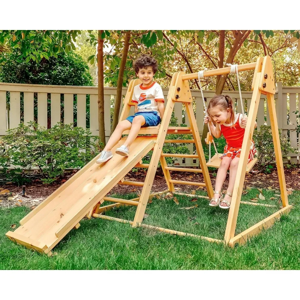 

4-in-1 Juniper Outdoor Play Gym - Jungle Gym Playset with Baby Swing, Slide, Ladder and Climbing Wall - Foldable Wooden Playset