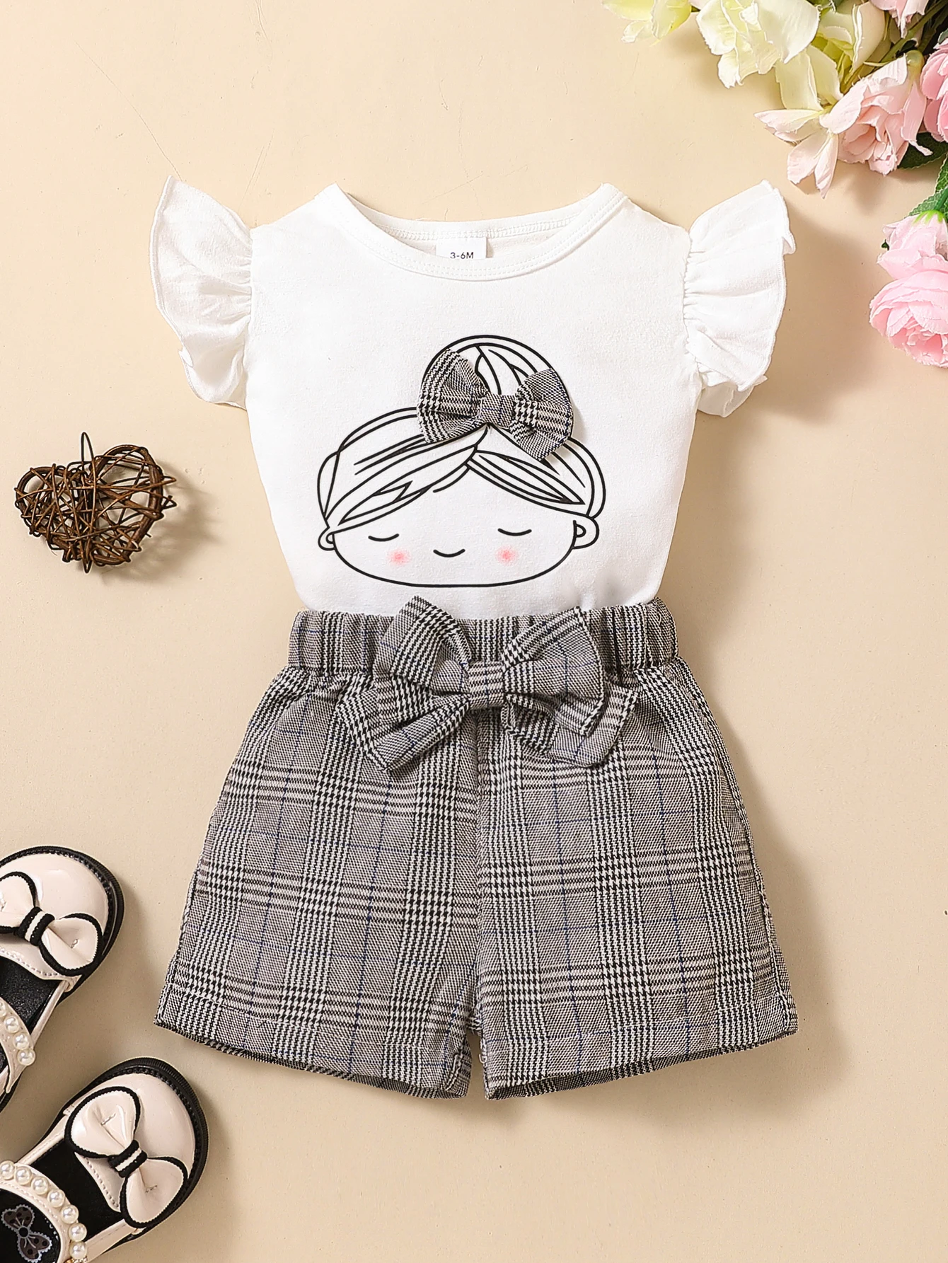 Cute Girl Summer Two-Piece Set Fairy Wings White T-Shirt Adorable Headshot 3D Bowtie Plaid High-Waist Shorts for Kids