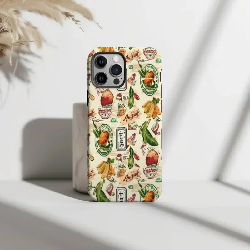 Vintage Fruit Stamp Collage Phone Case For IPHONE 16ProMax 15 14 13 12 11 PRO Plus Acrylic TPU Two in one Mobile Phone Cases