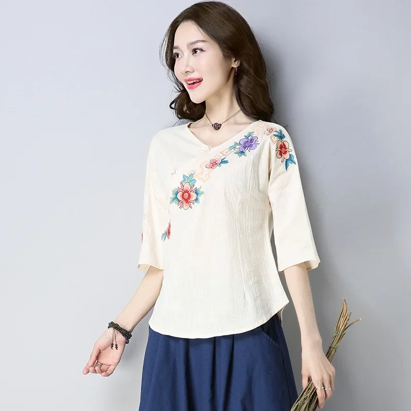 Ladies Chinese Tops Hanfu Embroidery Vintage Shirt Ethnic Literary Cheongsam Top Cotton Linen Chinese Style Clothing Women 11091