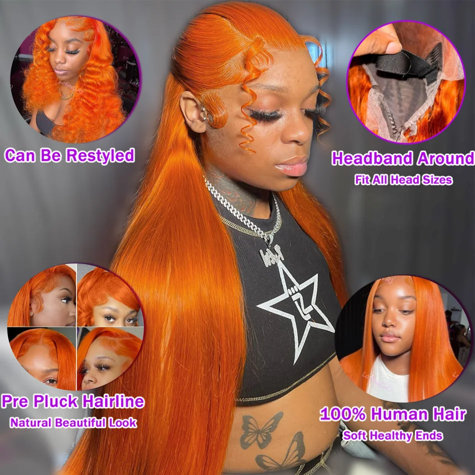 Ginger Orange Straight Hd Lace Wig 13x6 Human Hair Colored Quality Wigs 30 40 Inch Lace Frontal Human Hair Wigs For Black Women