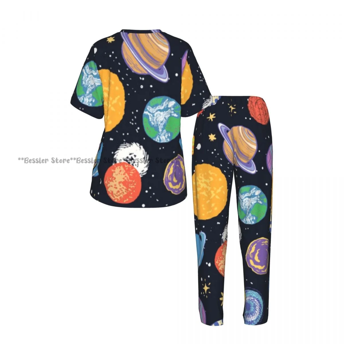 Women's Planets And Stars Illustration short sleeve trousers casual pajamas set 3