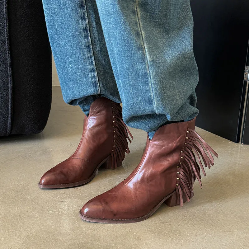 

MKKHOU Fashion Short Boots Women's New High Quality Genuine Leather Boots Pointed Rivet Tassel Ankle Boots Women