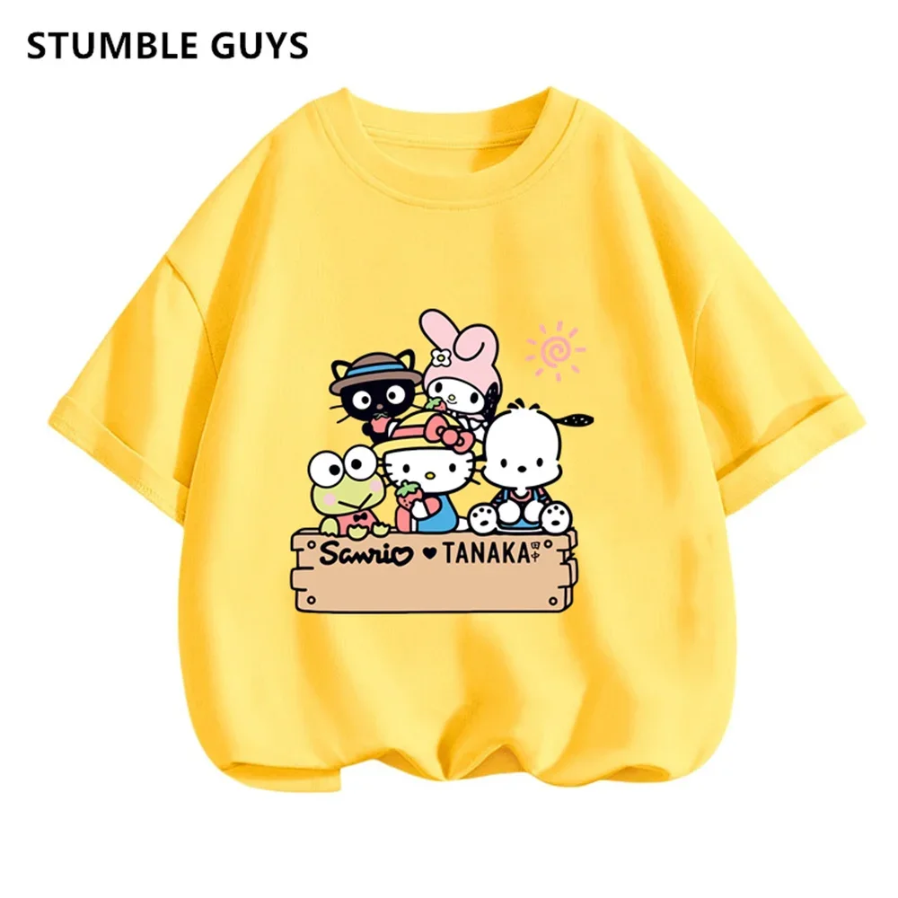 Cute Hello Kitty T-Shirt Set Kids Clothes Girls Summer Y2K Loose Short Sleeve Top Female Dark Print Sweet Harajuku Clothes