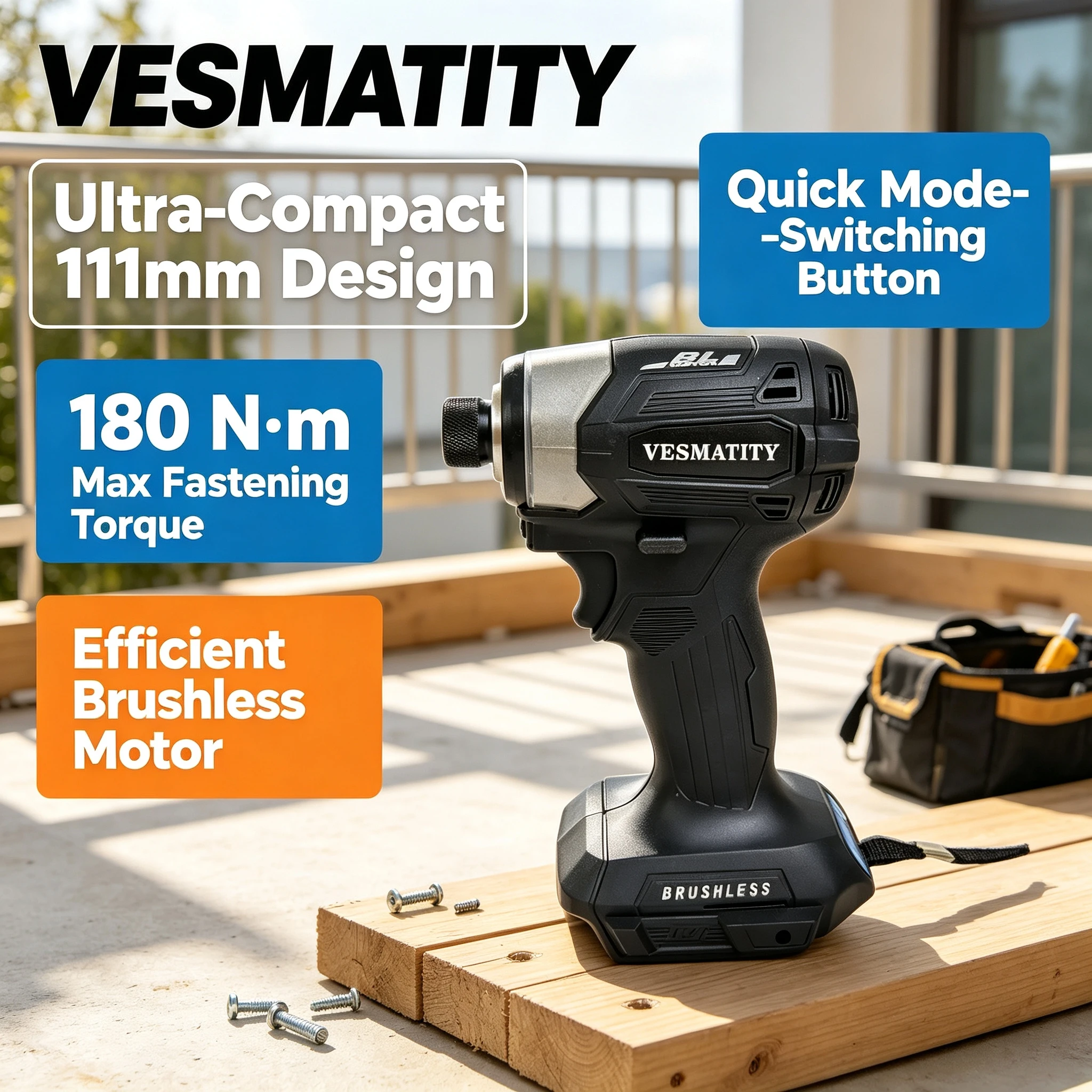 Vesmatity DTD173 180Nm Impact Driver Brushless Cordless T-Mode 1800RPM Drill for Wood Bolt 18V20V Battery Heavy Duty