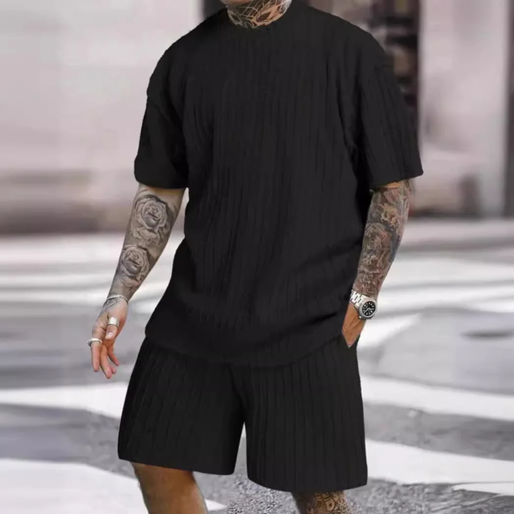 ensemble-sport-decontracte-couleur-unie-t-shirt-et-short-tenue-homme-mode-Ete-manches-courtes-sechage-rapide-respirant-confortable