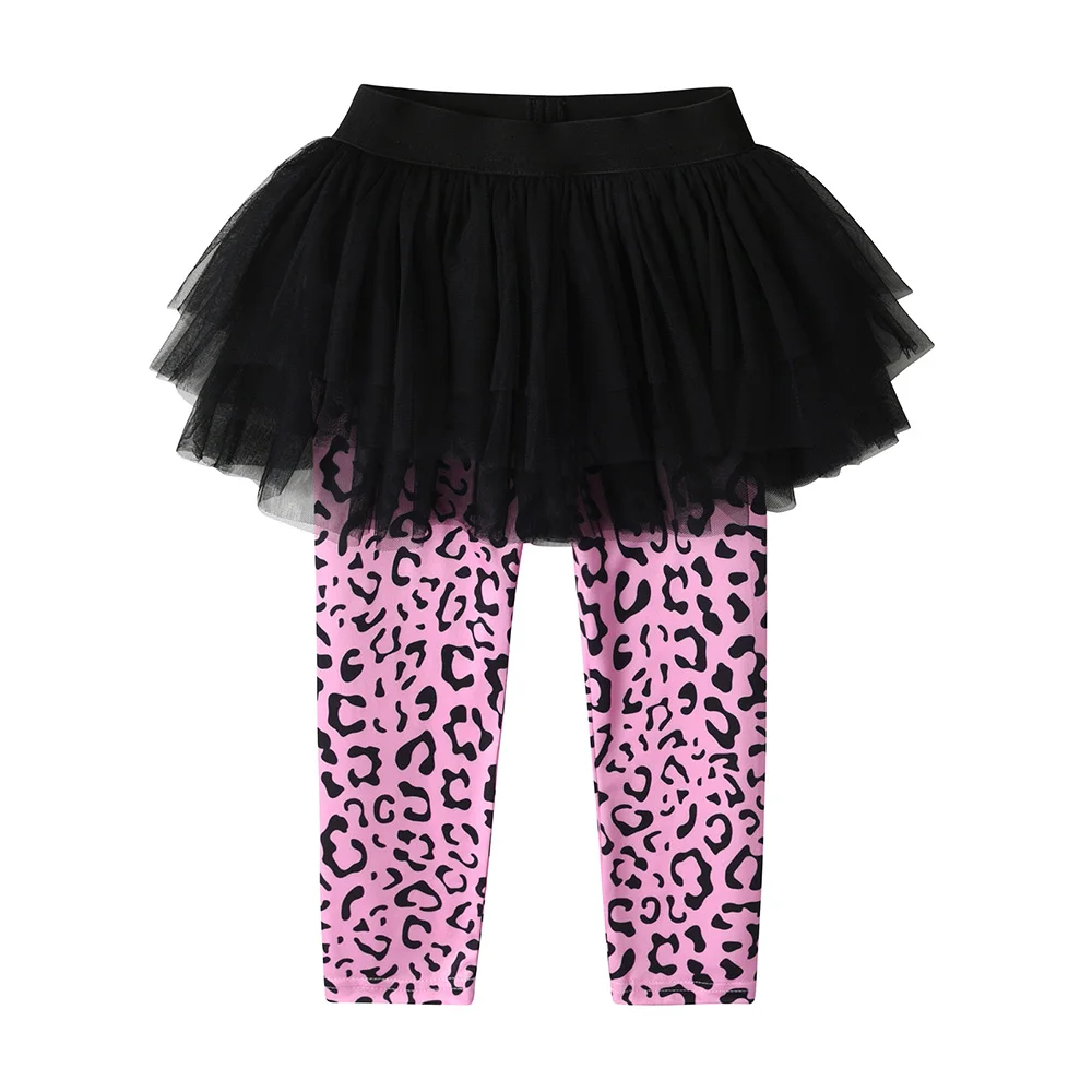 

VIKITA Girls Leggings Kids Leopard Print Skinny Pencil Pants Trousers with Tulle Mesh Layered Tutu Skirts Fake 2 Pcs Pantskirt