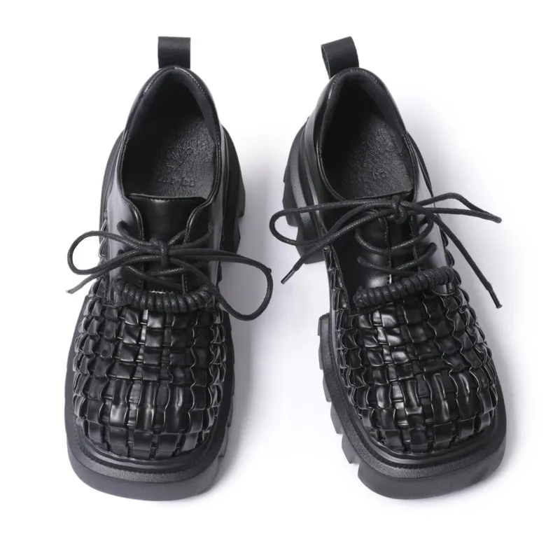 IEFB Men Wear Solid Color Shoes Square Head Woven PU Leather Shoe Vintage Heightening Lace-up Male Female 2024 Autumn 9C8774