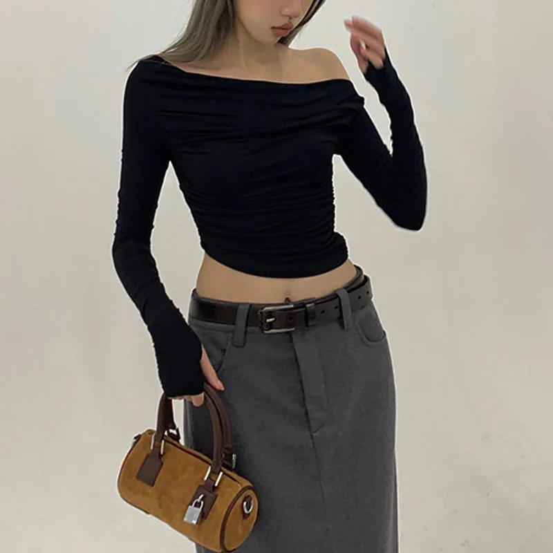 Autumn fashion blouses sexy tight thin pleated short top Spice Girl off shoulder y2k clothes crop top long sleeve T-shirt women