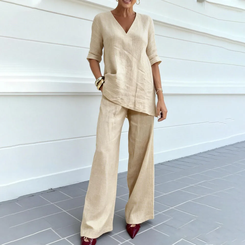 

Casual Solid Color Two Piece Set Women Outfit 2026 Summer Half Sleeve V-neck Tops And Wide Leg Pants Sets Elelgant