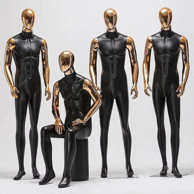 

Full Body Male Mannequins with Gold-plated Head and Hands Clothing Store Window Model Dummy with Metal Base Men's Clothing Model