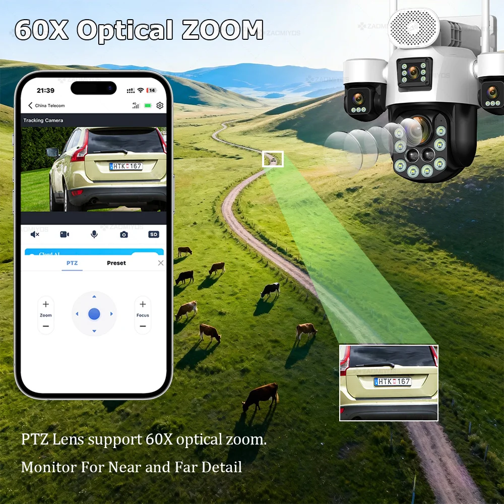 4 Lens Outdoor 360° Surveillance Solar Camera 20MP 60X Optical Zoom 4G SIM Home Security PTZ Auto Track AOV 24/7 Record CCTV Cam view 6