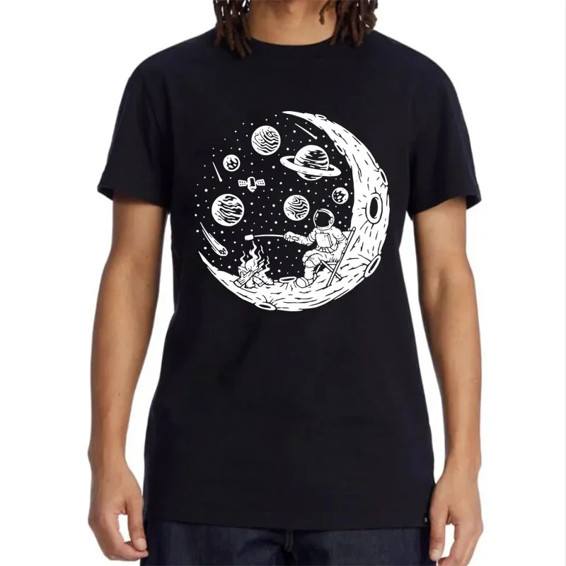 fashion Men's T-shirt High Quality 100% Cotton Funny Astronaut Moon Barbecue Print Casual Loose Cool Men O-neck T-shirt Tee Tops