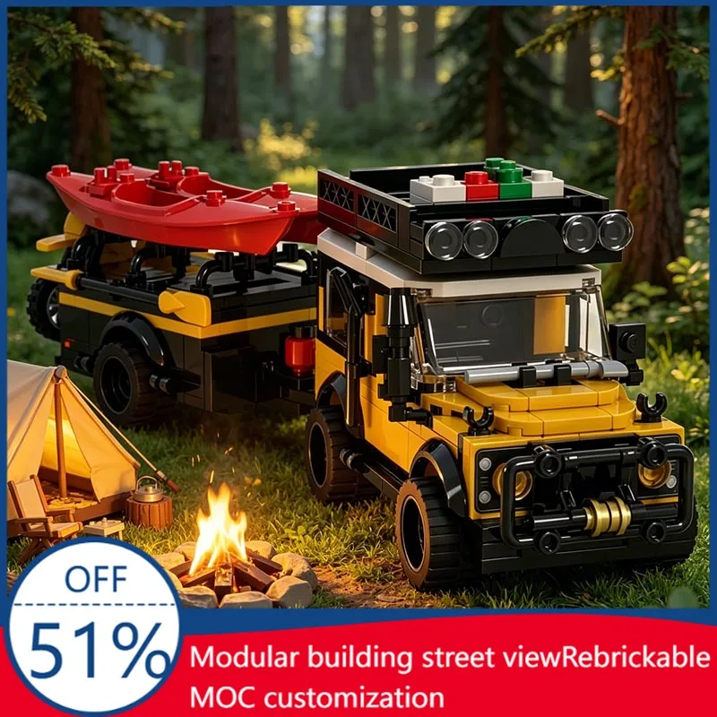 

377PCS Land Defender with Trailer and Kayaks Off-Road Vehicle MOC Model DIY Building Blocks Assembly Educational Birthday Gift