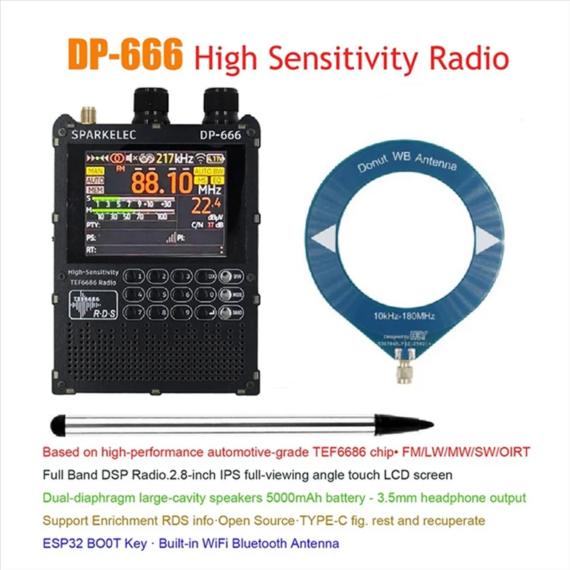 ABZW TEF6686 Radio de alta sensibilidad banda completa FM AM LW MW SW onda corta pantalla táctil IPS de 2,8 pulgadas con antena