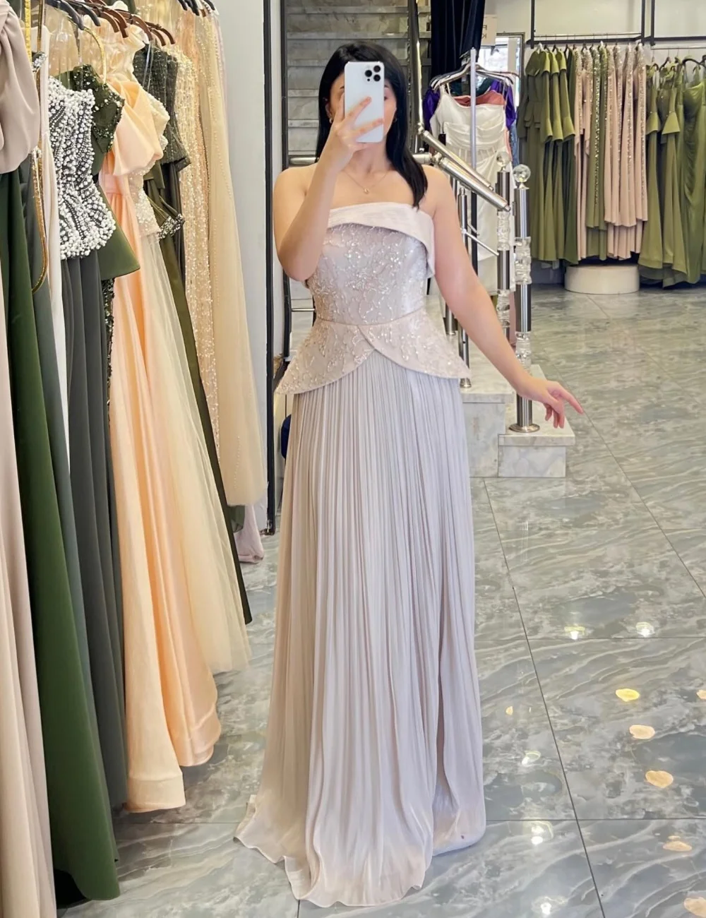 

Customized Matching Chiffon Pleat Sequined A-line Strapless Long Dresses Celebrity Bespoke Occasion Chinese Style