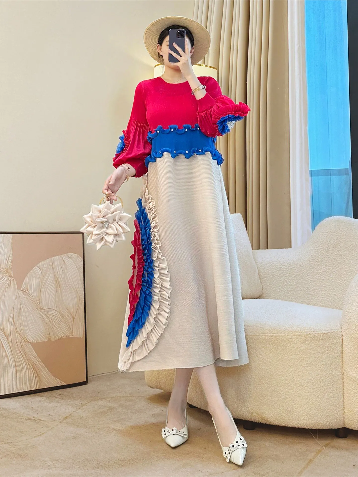 Fold Stylish Midi Women Dress with Intricate Ruffle Detailing and Vibrant Blue-Yellow-Beige Color Blocking Pleated Dress 2025