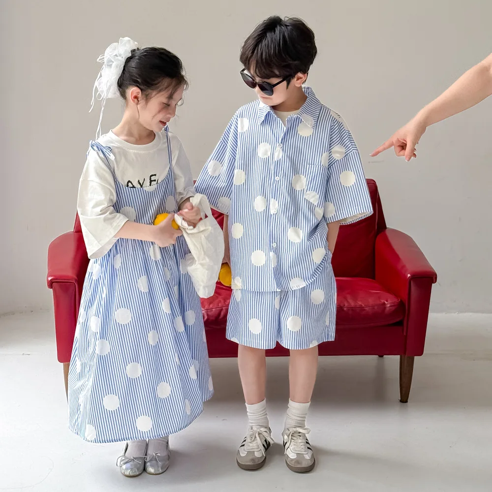 Brother and Sister Clothes 2025 Summer New Korean Boy's Suit Polka Dot Shirt +Short Or Girl's Vertical Dress