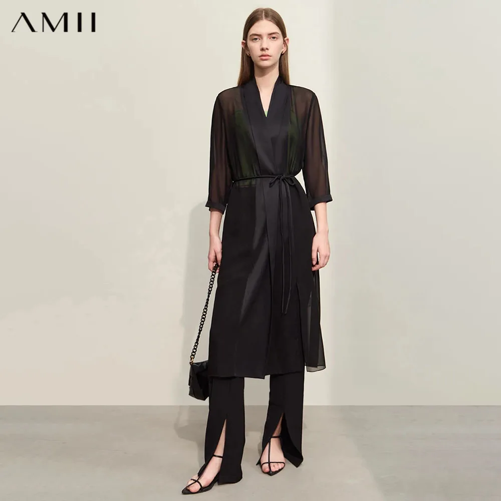 AMII Minimalism Women Wrap Coat 2026 Autumn New Chinese Style V-neck Tie Mulberry Silk Jacket With Belt Loose Blouse 12441303