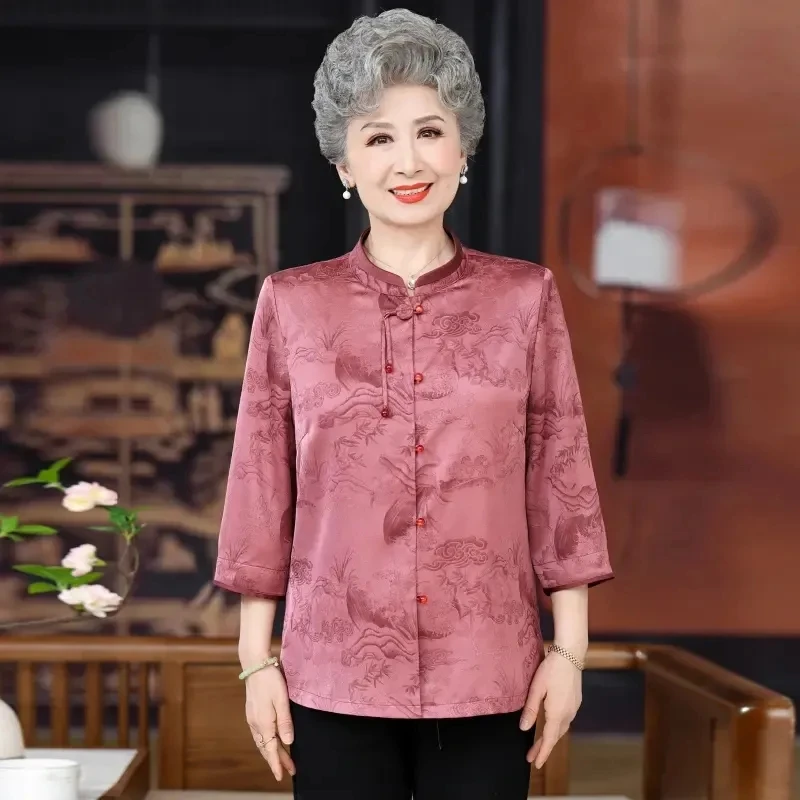 Elderly People Chinese Style Silk Blouse Spring Summer Three-quarter Sleeve Cardigan Shirts Grandmother's Thin Tops Shirts Sets