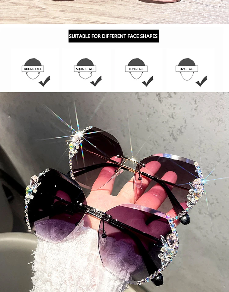 Vintage Rimless Rhinestone Sunglasses Women 2022 Luxury Brand Design Fashion Gradient Lens Sun Glasses Men Shades for Female