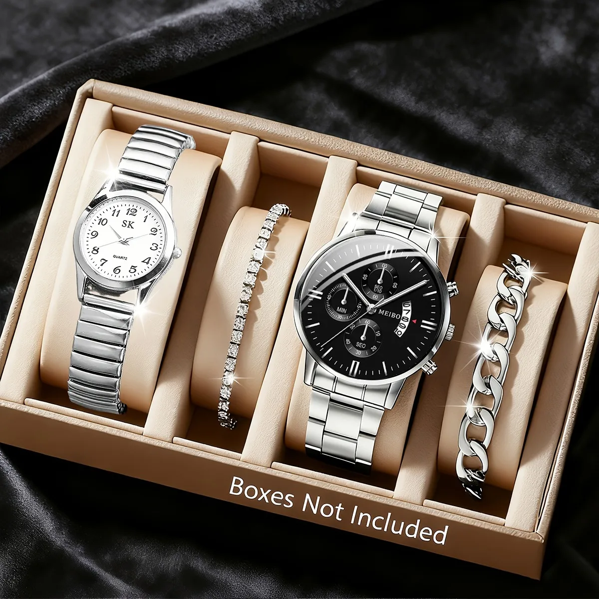 4PCS Fashion Couples Watches Bracelets Set Elegant Women Quartz Arabic Dial Stainless Steel Men Calendar Wristwatch（Without Box）