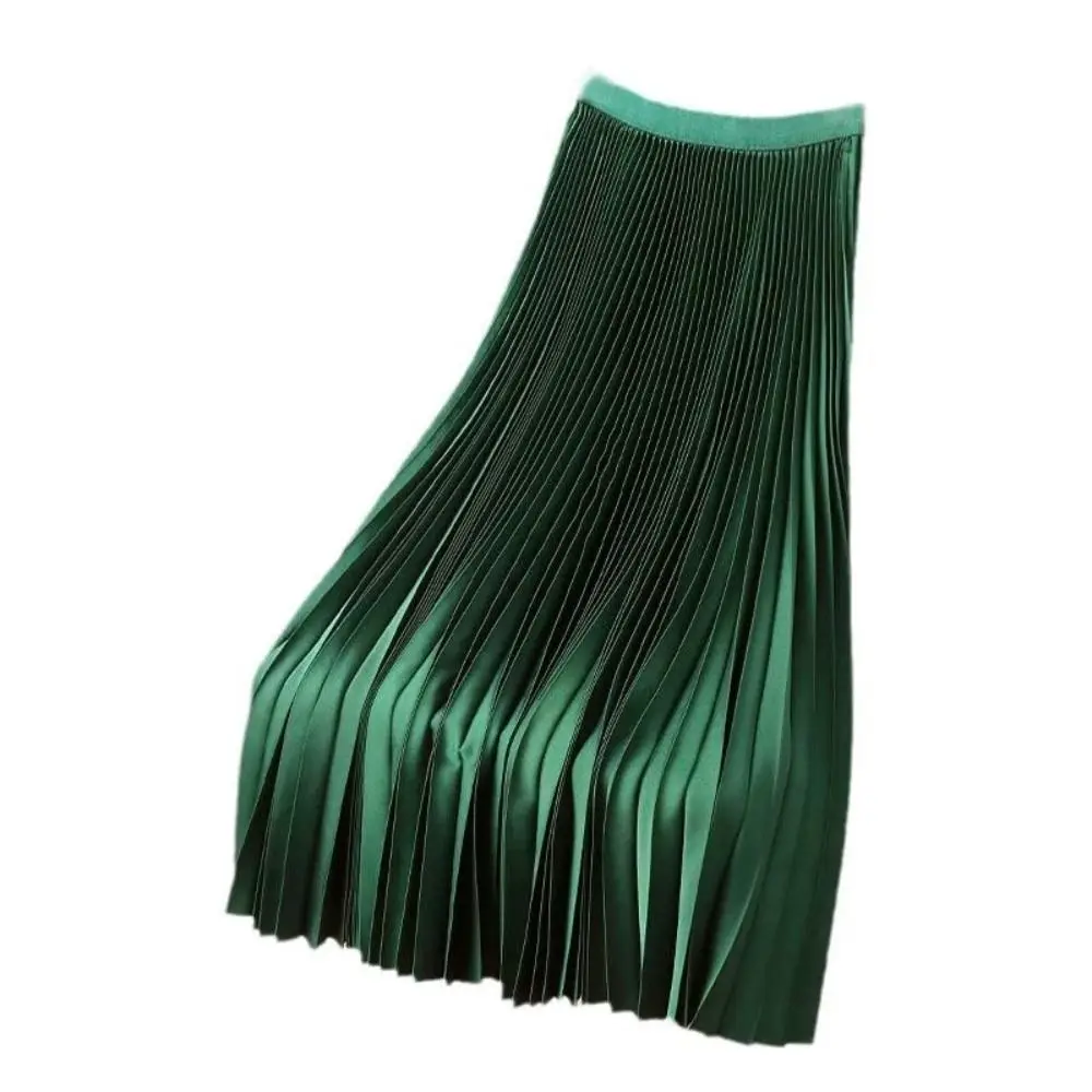 Classic Elegant Vintage Pleated A-Line Skirt Solid Color Smooth Satin Midi Skirt Elastic Waistband High Waist Skirt