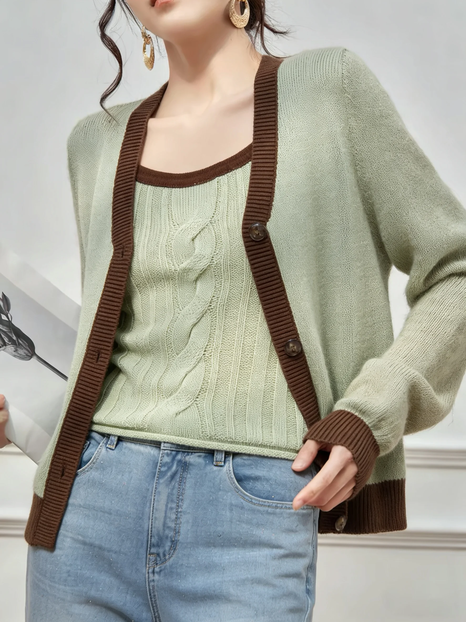 

Unique Design Color Block Korean Style Women's Fashion Set Early Spring Open Cardigan Strap Outfit High Waist Pear Shape