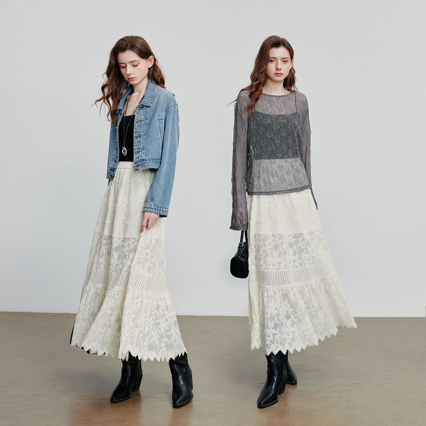 Toyoth saia de renda feminina 2025 outono novo estilo boho camada emenda cintura elástica uma linha saia na altura do tornozelo