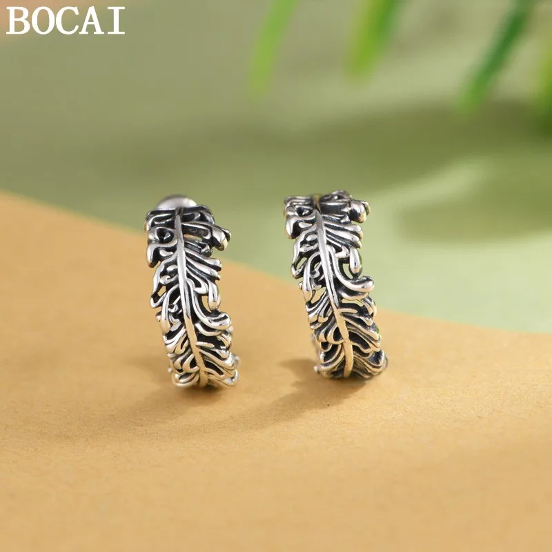 

BOCAI New S925 Sterling Silver Vintage Personality Feather Earrings Women's Selected Gift