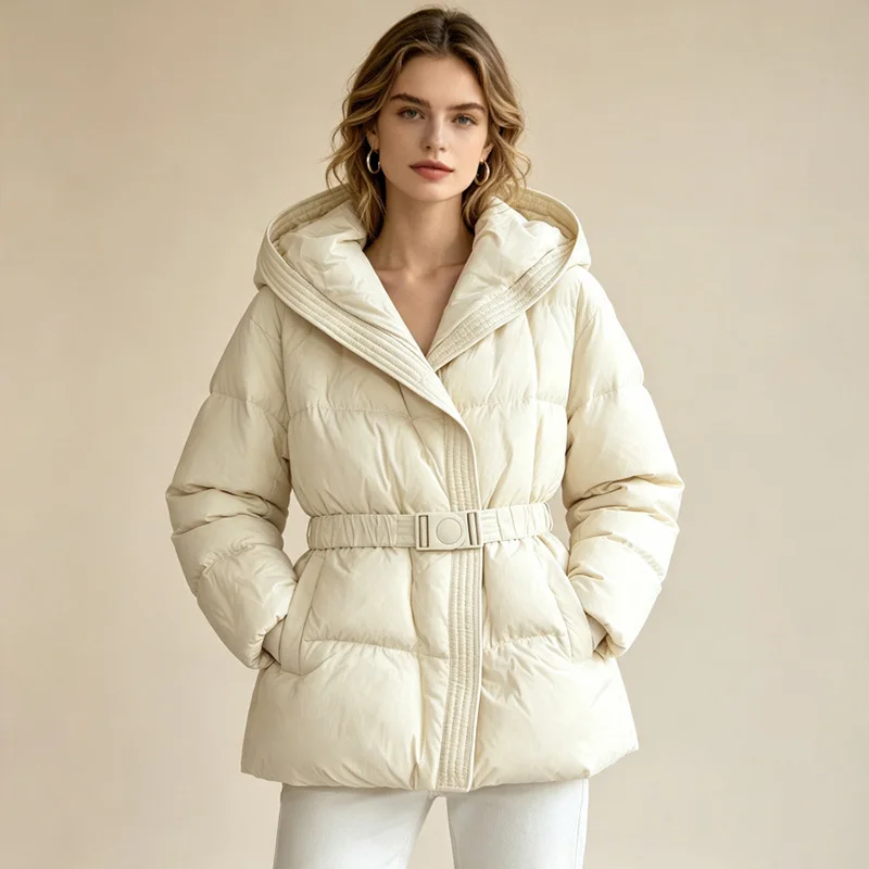 Schinteon Women White Down Jacket with Hood Solid Color Fashionable Autumn Winter Warm Outwear Parka Belt 2026 New Real Pictures