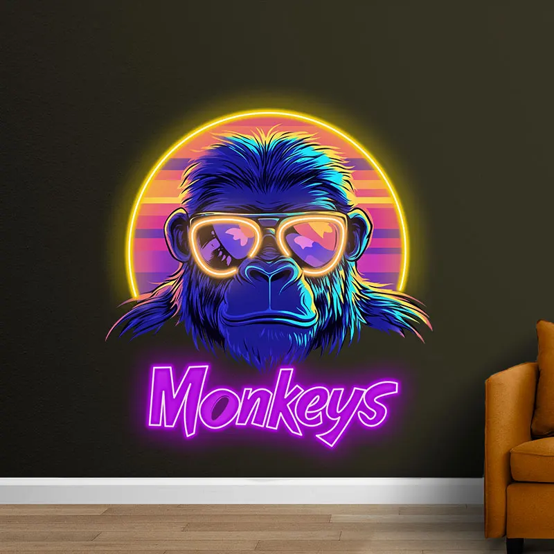 Toysign Vibrant Neon Sign Sunglasses Monkey LED Poster - Retro Wall Art for Living Room, Eye-Catching LED Design for Urban Decor