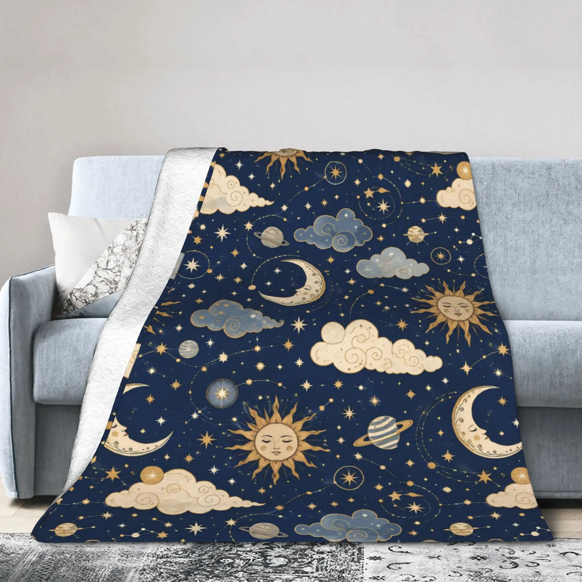 Sun and Moon Blankets Coral Fleece Plush Summer Air Conditioning Mysterious Starry Sky Thin Throw Blanket for Sofa Bedding Throw