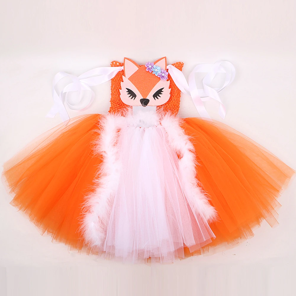 White Orange Fox Halloween Costumes for Girls Kids Animal Cosplay Tutu Dress with Ears Children Birthday Carnival Party Outfits