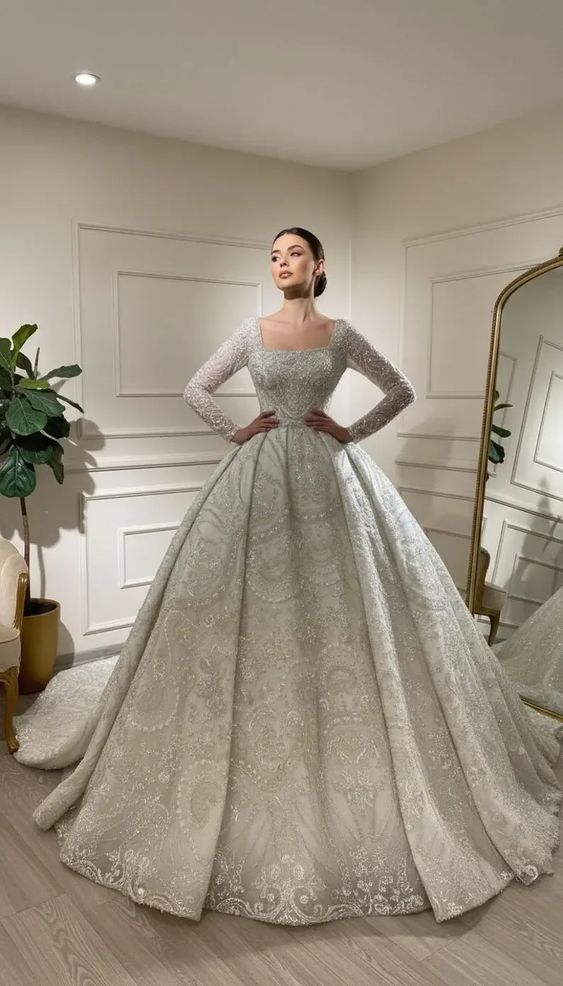 

Luxury Royal Wedding Dress Square Neck Long Sleeve Beaded Lace Glitter Ball Gown Bridal Gown With Cathedral Train Customized