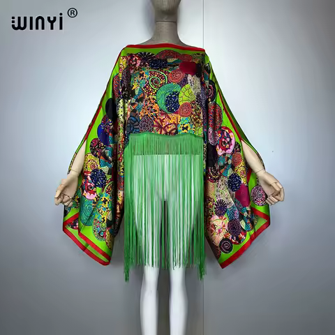 WINYI Fashion tassel print loose dress beach Cover-up Elegant fashion maxi kaftan summer Holiday African wamen evening dress