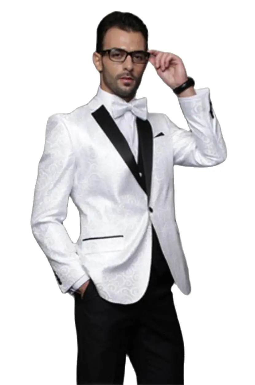 

Italian Style White And Black Groom Tuxedos Slim Fit Mens Wedding Suits Bridegroom Attire Groomsman Suit (Jacket+Pants+Vest)